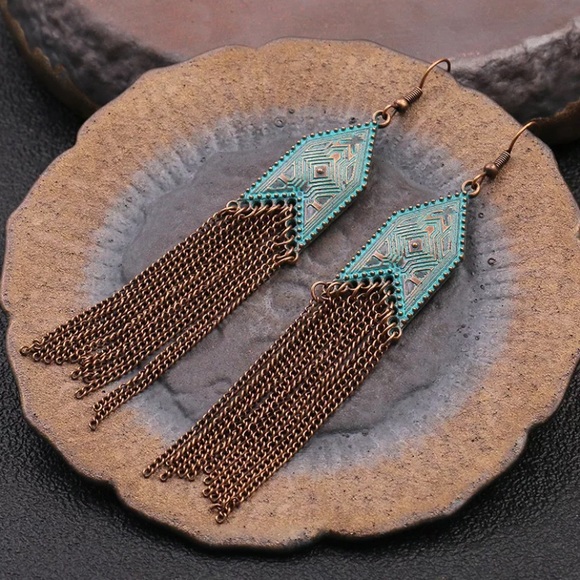 Turquoise Western Boho Chain Fringe Earrings - Picture 6 of 6